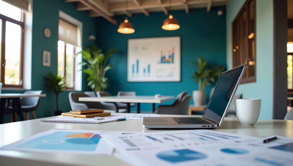 Oficina moderna con informes de análisis de mercado y gráficos