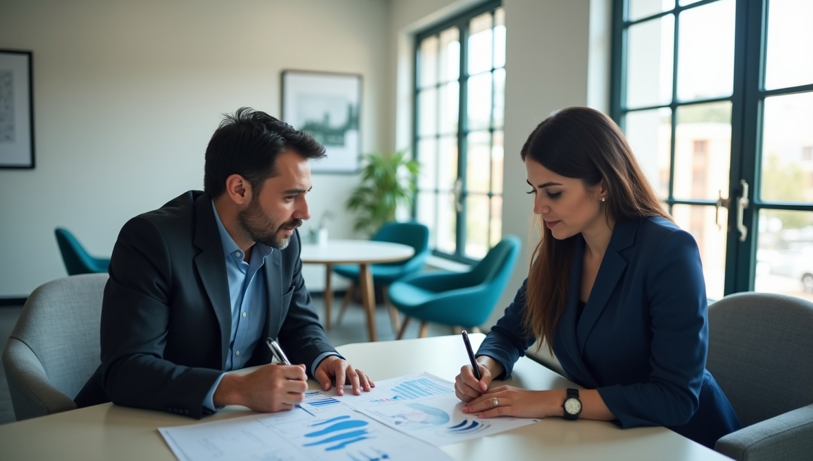 Dos profesionales analizando gráficos y datos de inversión
